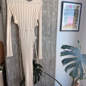Meshki Cream Ribbed Cutout Midi Dress